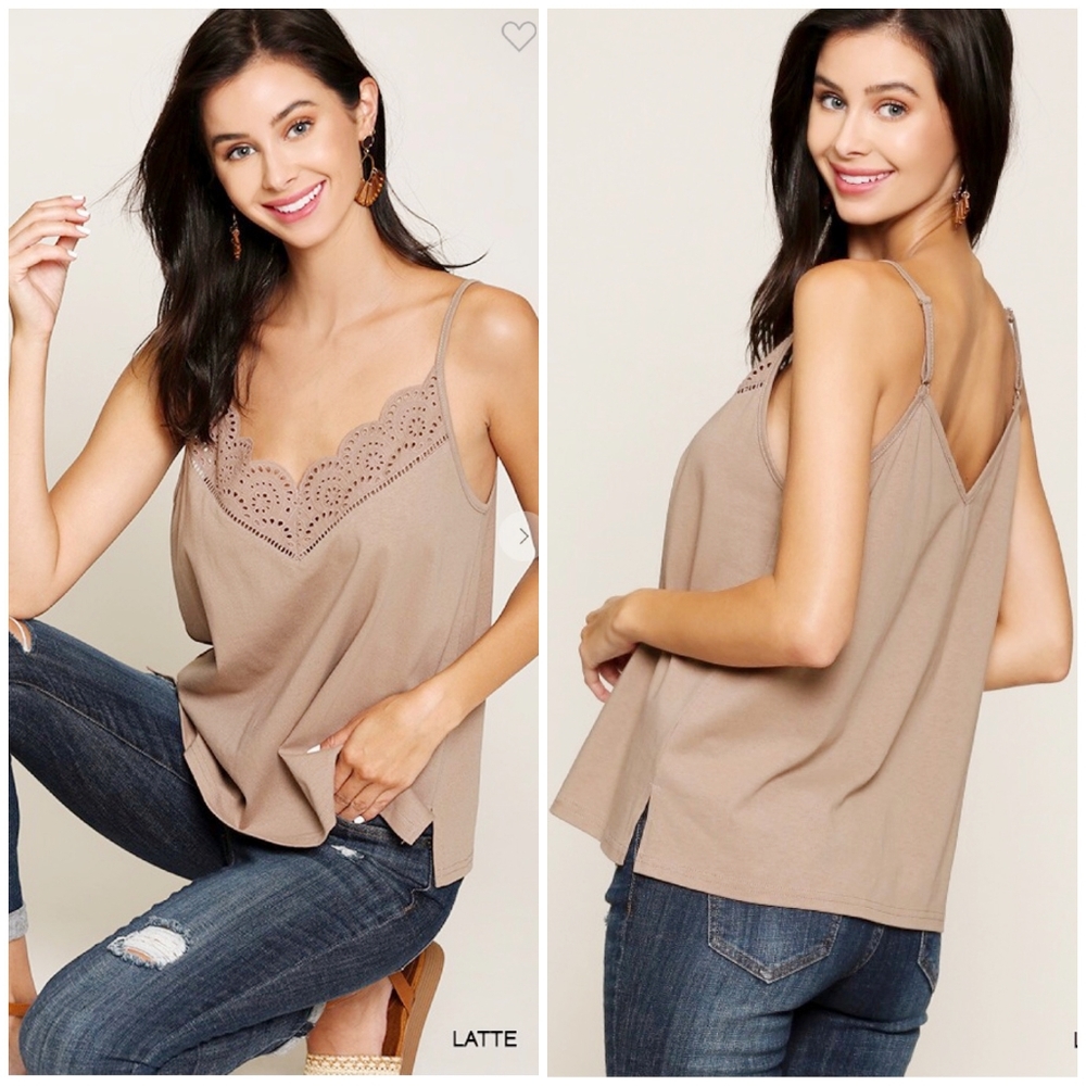 GIGIO Boho Chic Latte Mixed Eyelet Cami Top